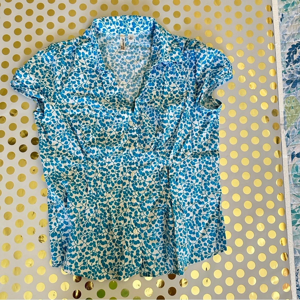 St. John's Bay Teal and White Leaf Print Blouse